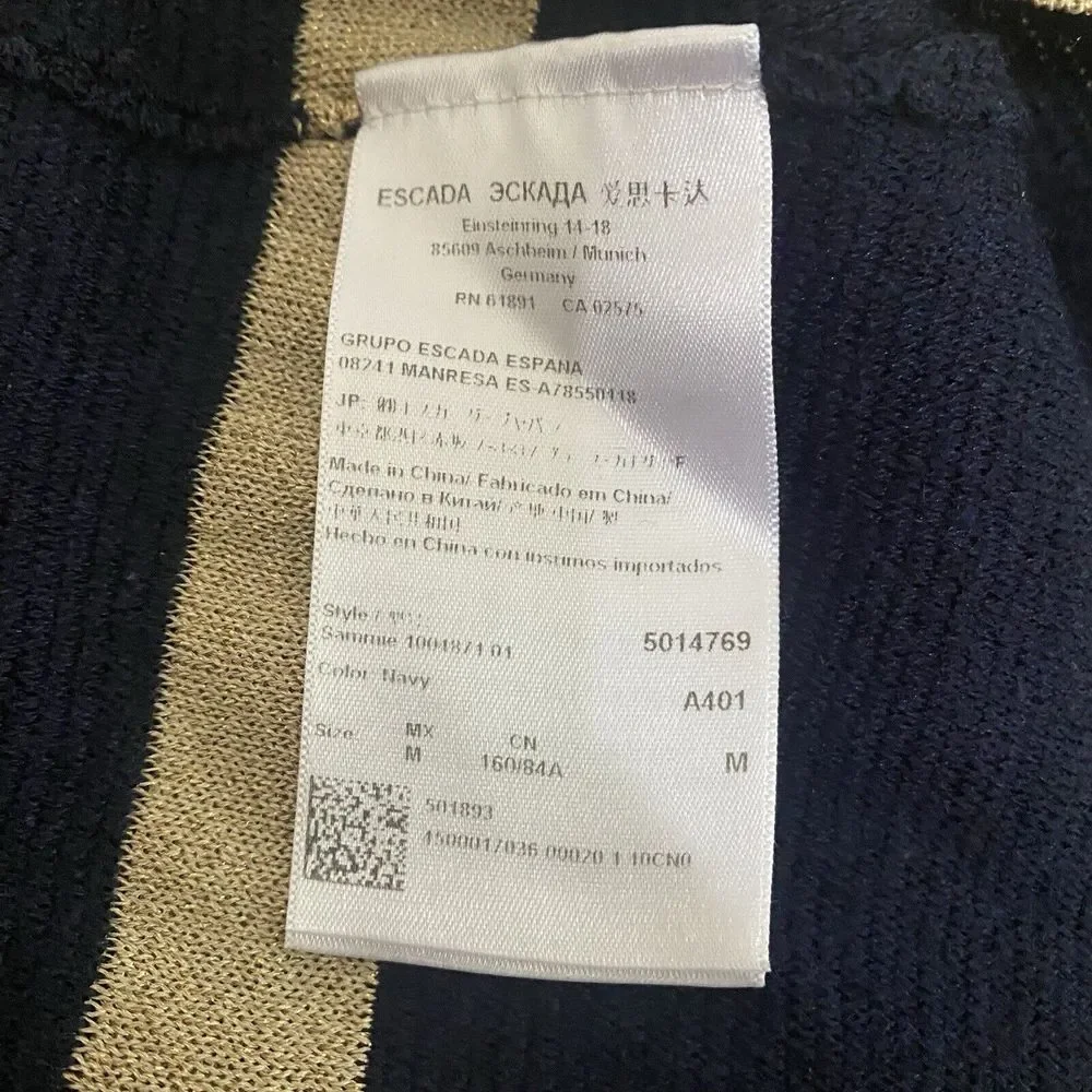 Escada Knit Sweater Womens Size‎ Medium Navy Stripe Short Sleeve Wool Silk